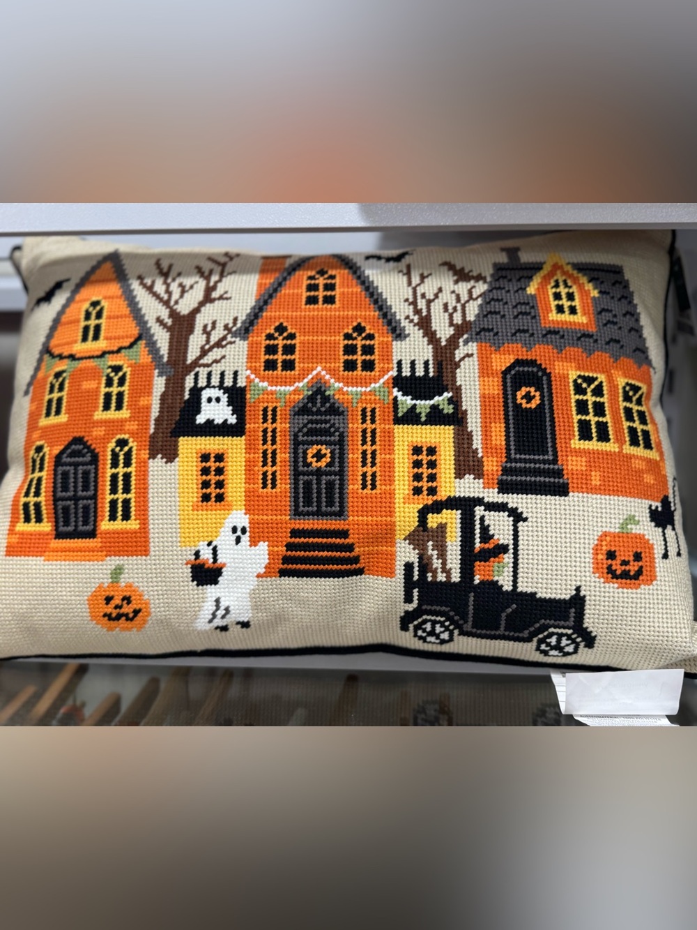 Halloween Cross-Stitch Decorative Pillow — Orange & Black